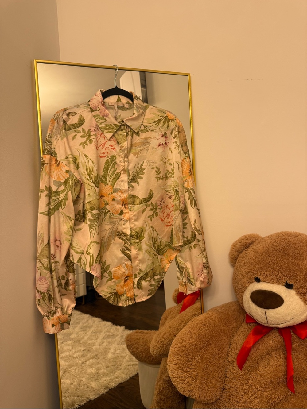 Guess Floral Button-Down Blouse in Pink and Green